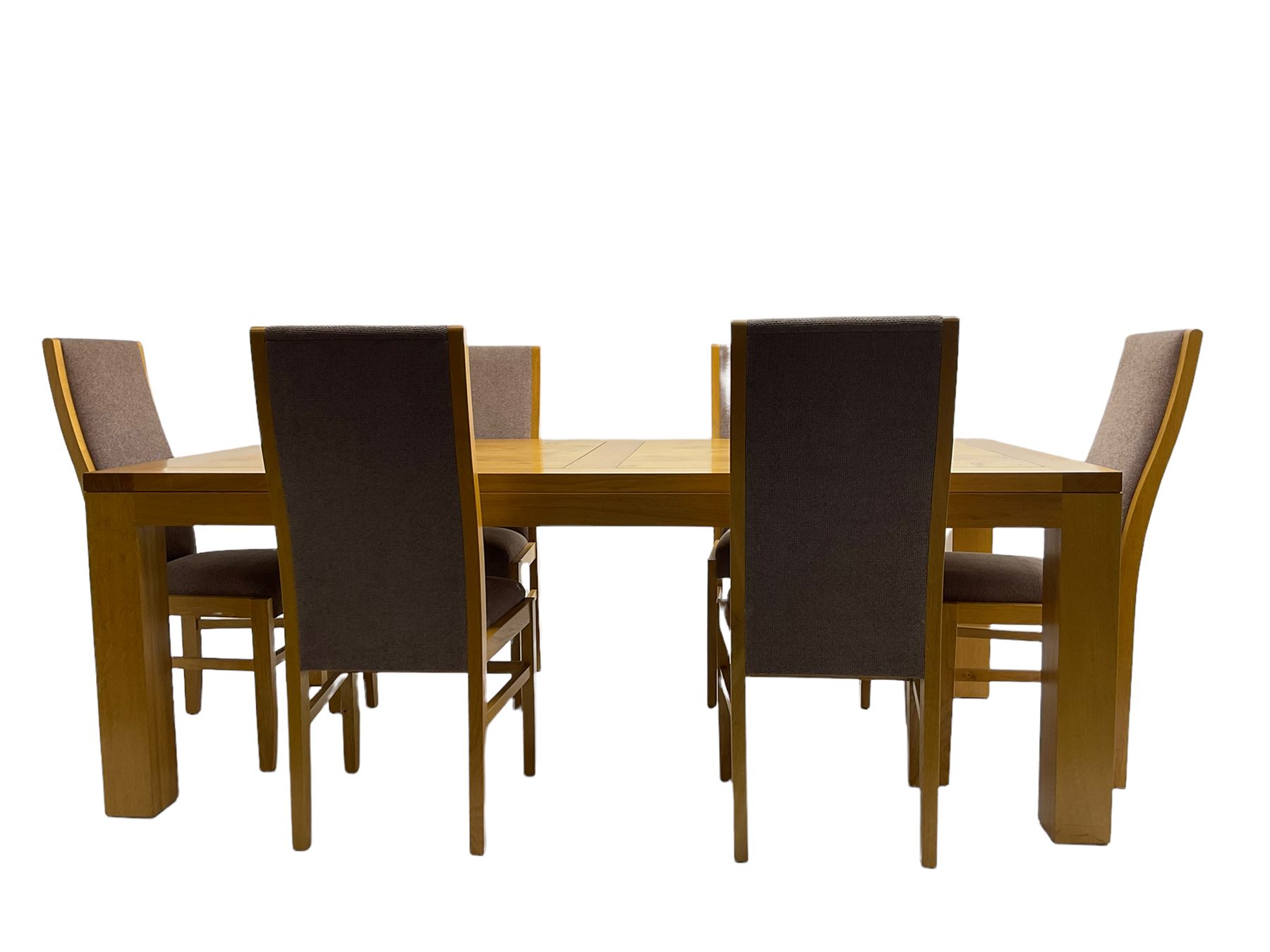 Large pippy oak rectangular dining table, square block leg, and six high back upholstered chairs, retailed by Chapmans of Newcastle