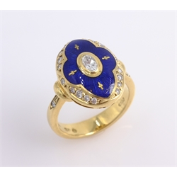  Victor Mayer for Faberge diamond and blue enamel oval gold ring, limited edition hallmarked 18ct stamped Faberge 59/300 with certificate  