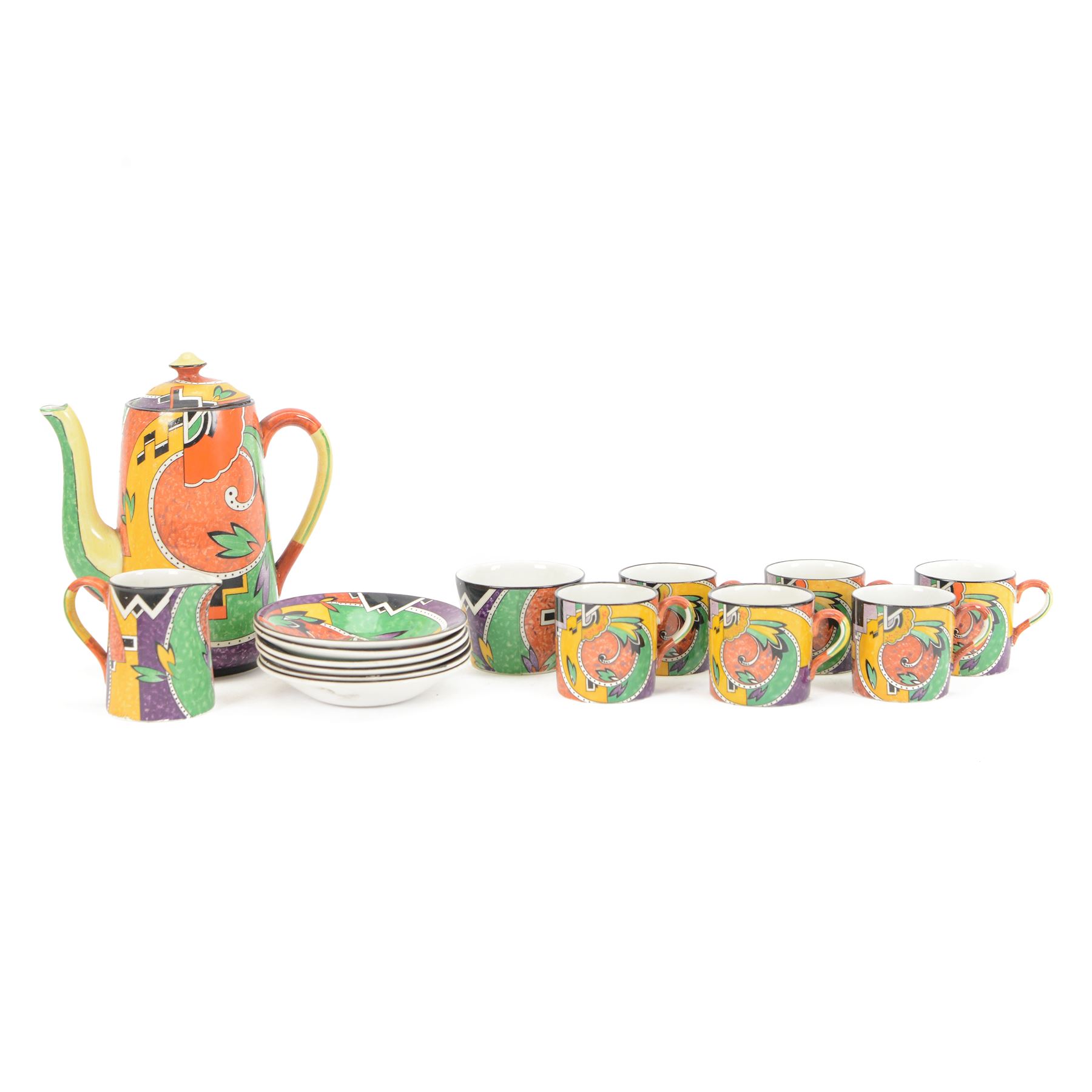 Royal Winton Jazz pattern coffee set, circa 1925, decorated with printed scroll and cubist motifs in yellow, green and red tones, comprising coffee pot, six coffee cans and saucers, cream jug and sugar bowl, coffee pot H20cm