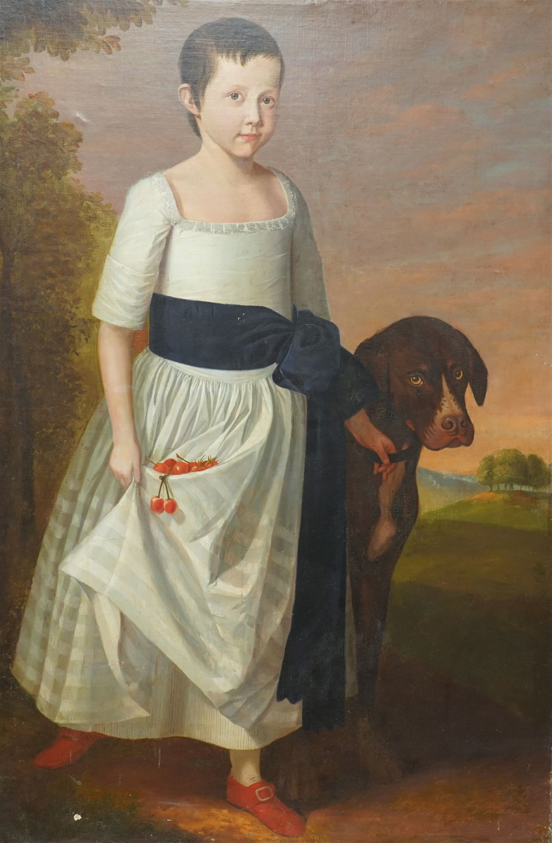 English School (Late 18th/Early 19th century): Full Length Portrait of a Boy in a Dress Holding Cherries with a Large Pointer Dog, large oil on canvas unsigned 113cm x 76cm (unframed)
