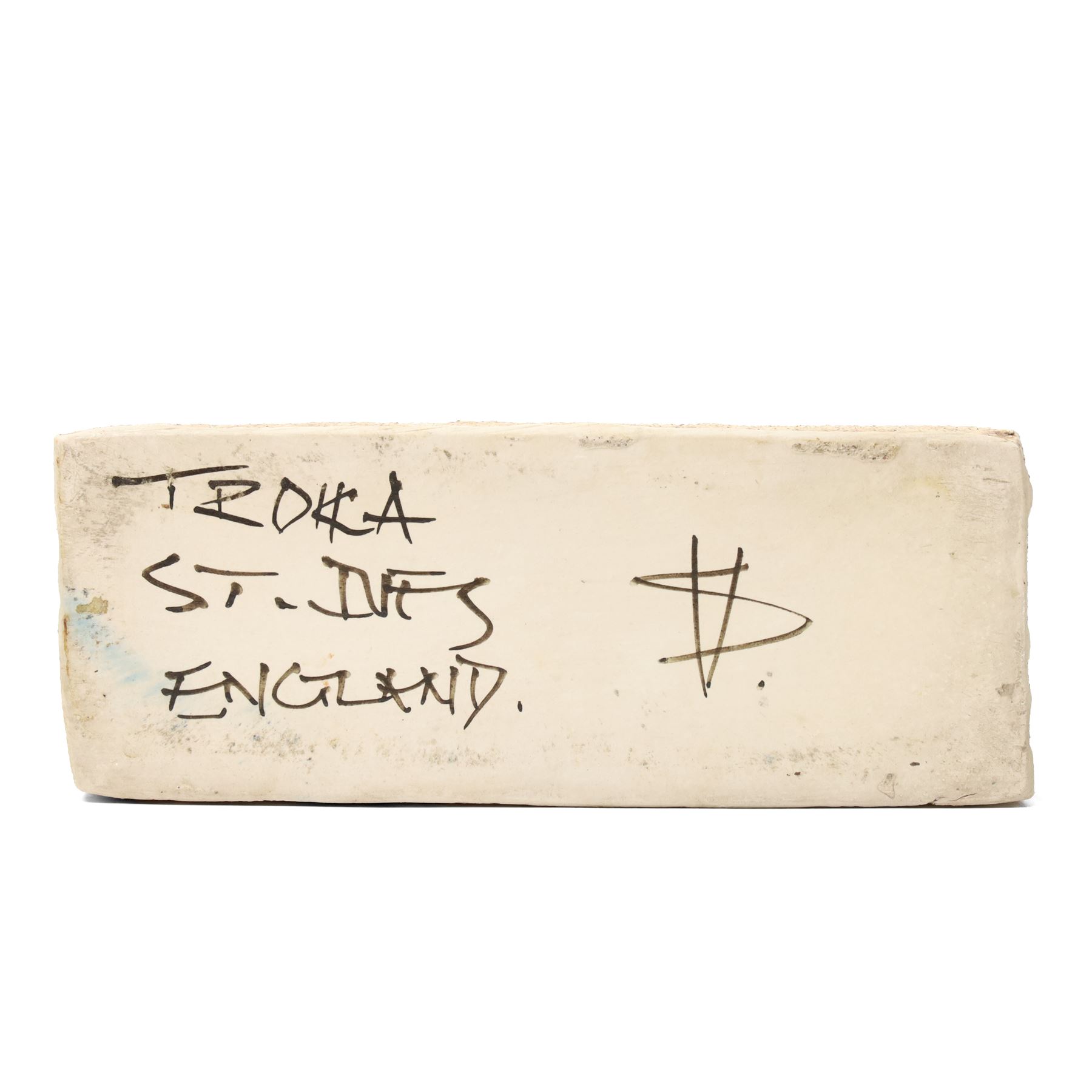 Sylvia Vallance for Troika - large c1970s Double Bass vase, of rectangular and rounded section, decorated to opposing faces with raised, impressed and incised geometric motifs in typical colours, painted 'Troika - St Ives' mark and artists monogram to base, H35.5cm