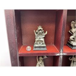 Danbury Mint 'The Fantasy of the Crystal' chess set consisting of mythical pewter chess pieces within a wooden case with chess board lid, together with 16 additional chess pieces in a wooden display case.