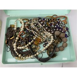 Collection of costume jewellery including enamel and marcasite flower brooch, two V Villani Italy bangles, clip on earrings, brooches, bangles, beaded necklaces and a Skagen wristwatch