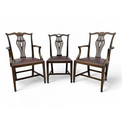 Set of six (4+2) 19th century Chippendale-design mahogany dining chairs, shaped cresting rail over pierced bulbous vase-shaped splat, burgundy leather upholstered seats with brass stud trim, on square tapering supports united by H-stretchers