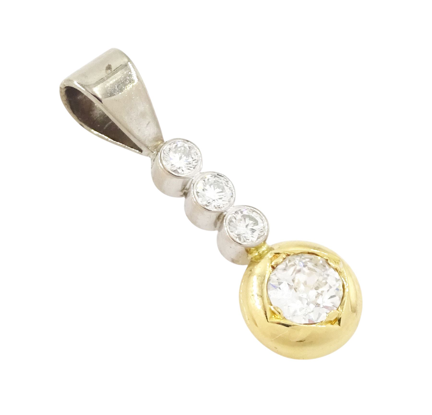 18ct gold diamond pendant, principal old cut diamond of approx 0.30 carat, set in yellow gold, suspending from three round brilliant cut diamonds, set in white gold, total diamond weight approx 0.50 carat