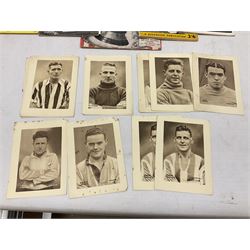 Football - Sherman's Searchlight on Famous Teams trade cards 1938-39 (28) and Searchlight on Famous Players (15); and nine booklets including F.A. Cup Annual 1951;two early 1960s F.A. Yearbooks etc; together with seven photographs of cricket teams, first half of 20th century; and four 1940s and later cricket booklets; and a signed postcard of boxer Len Harvey