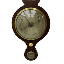 A Victorian mahogany wheel barometer with a mercury cistern, c1880, with a flat top and rounded base, 8” silvered dial with weather predictions, steel indicating hand and brass recording hand, short spirit thermometer, butlers mirror (missing), hygrometer and spirit level.

