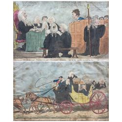 After Isaac Cruikshank (British 1756-1810): 'The Jocose Prisoner & Honest Cryer NB a Joke May be Carried Too Far' and 'Going on a Circuit as Recommended in Sherry's Plan of Economy', pair engravings with hand colouring pub. 1801 & 1803, 25cm x 37cm (2)
