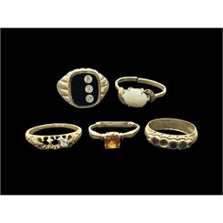Five gold stone set rings, including Victorian 18ct gold example and four 9ct gold rings