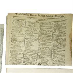 Collection of 18th and 19th century newspapers including Kentish Gazette 1773, five copies of The London Chronicle 1758-1762, Morning Chronicle 1779 and various others and a copy of American Rail-Road Journal 1832 (21)