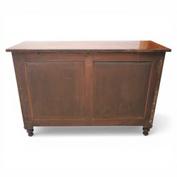 Late 20th century Regency style mahogany side cabinet, the rectangular crossbanded top with ebonised line inlay, above a pair of brass lattice grille doors with pale green fabric backing enclosing a shelved interior and two frieze drawers, flanked by reeded corner pilasters, upon turned tapering feet