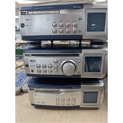 Kenwood RD-VH7 component micro stereo audio system, comprising RD-VH7 Amplifier/Tuner/CD, X-VHF cassette unit, DM-VHF Mini-Disc unit, and matching speakers with three remotes, instruction booklet, system can be used vertically or horizontally, in working order