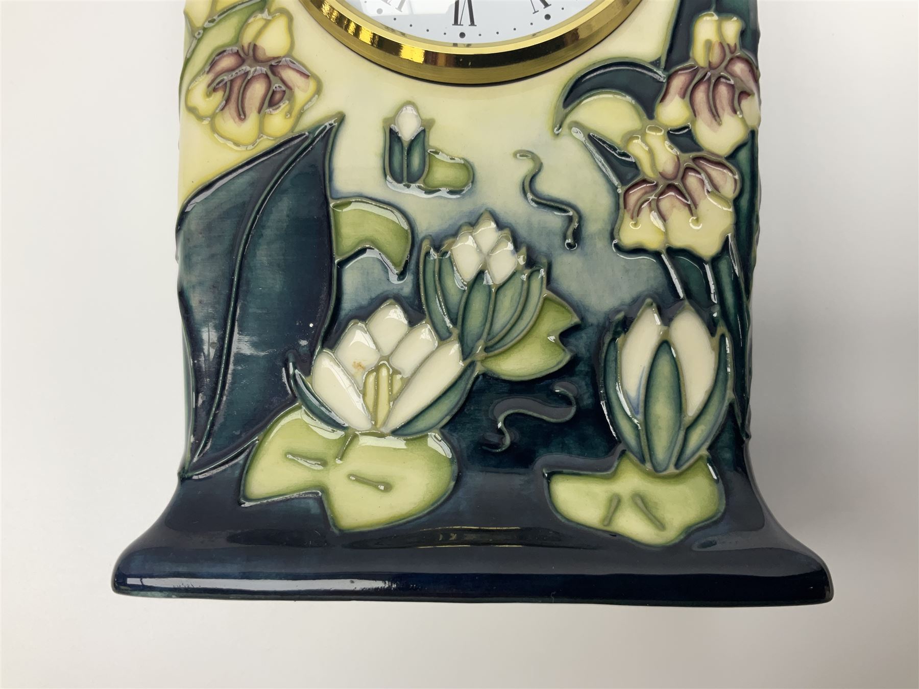 Moorcroft mantel clock, decorated in Bulrush and Water Lily pattern, with impressed and printed marks beneath, H15.5cm