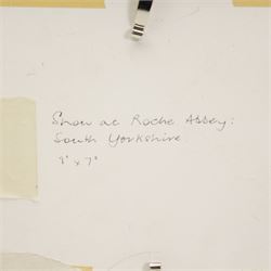 William Burns (Northern British 1923-2010): 'Snow at Roche Abbey - South Yorkshire', oil on board signed, titled verso 14cm x 19cm Provenance: Direct from the family of the artist.
Notes: Born in Sheffield in 1923, William Burns RIBA FSAI FRSA studied at the Sheffield College of Art before the outbreak of the Second World War, during which he helped illustrate the official War Diaries for the North Africa Campaign, and was elected a member of the Armed Forces Art Society. On his return, he studied architecture at Sheffield University and later ran his own successful practice, being a member of the Royal Institute of British Architects. However, painting had always been his self-confessed 'first love', and in the 1970s he gave up architecture to become a full-time artist, having his first one-man exhibition in 1979.