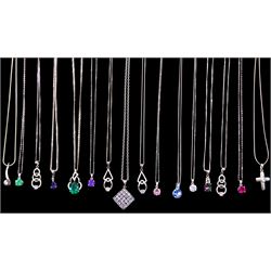 Sixteen silver stone set pendant necklaces including tanzanite, blue topaz, cubic zirconia and mystic topaz, all stamped or tested