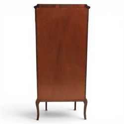 French Louis XV design display vitrine cabinet, Kingswood with gilt mounted detailing, damask fabric interior with three glass shelves, raised on cabriole supports