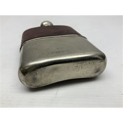 Silver plated glass and pressed leather hip flask, with swivel cap and removable cup, together with a similar oval example, engraved with wreath and initial B, tallest H16.5cm