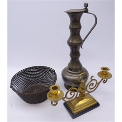  Large pewter ewer H47cm, brass candelabra on stepped rectangular base & ebonised plinth and metal woven swing handled basket (3)  