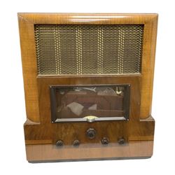 1930s Marconi Type 561 valve radio, in shaped Art Deco case with woven brass overlaid speaker, circa 1937, H58cm W50cm