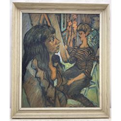 Raymond Arthur Roadnight (British 1941-): Two Ladies, oil on board unsigned 54cm x 45cm  
Provenance: the artist's studio collection. Born in High Wycombe, Roadnight spent three years training under Patrick Reyntiens and John Piper creating stained glass windows for Liverpool and Coventry cathedrals. These works included the great baptistry window in the New Coventry Cathedral, the 'Lantern' atop the Catholic Cathedral in Liverpool, and the grand windows in Oundle School Chapel. He has exhited at Royal Academy, Alfred East Gallery, Chichele College in Higham Ferriers, and Burleighfield House in Loudwater.