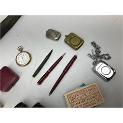 Hallmarked silver propelling pencil, Waltham manual wind gold plated pocket watch with subsidiary dial, Boxed Parker pen, pair of Goodwood binoculars, other pens, silver plated vesta cases, stamps, silk umbrella etc