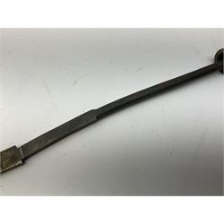 Patinated 'bronze' fantasy dagger, the 26cm blade, hilt and scabbard cast with dragons L50cm overall; hand forged iron spearhead L29.5cm; and a stiletto blade (3)