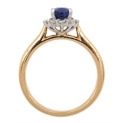 18ct rose gold oval sapphire round brilliant cut diamond cluster ring, hallmarked, sapphire approx 1.25 carat