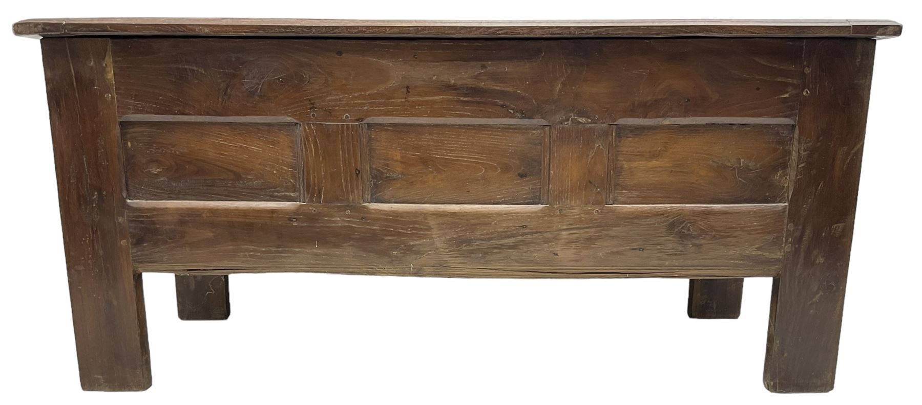 Large 18th century oak coffer or chest, rectangular hinged top with moulded edge, over panelled sides with moulded rails, raised on stile supports