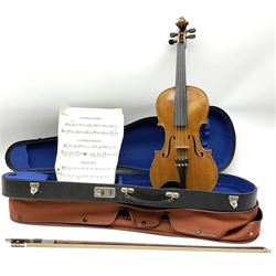 German violin c1900 the 35.5cm two-piece maple back impressed KLOTZ, maple ribs and spruce top, bears label 'Josef Klotz Mittenwalde 1795', 59cm overall; in carrying case with woodgrain finish composition bow marked 'Golden Strad Made in England'; and outer canvas case
