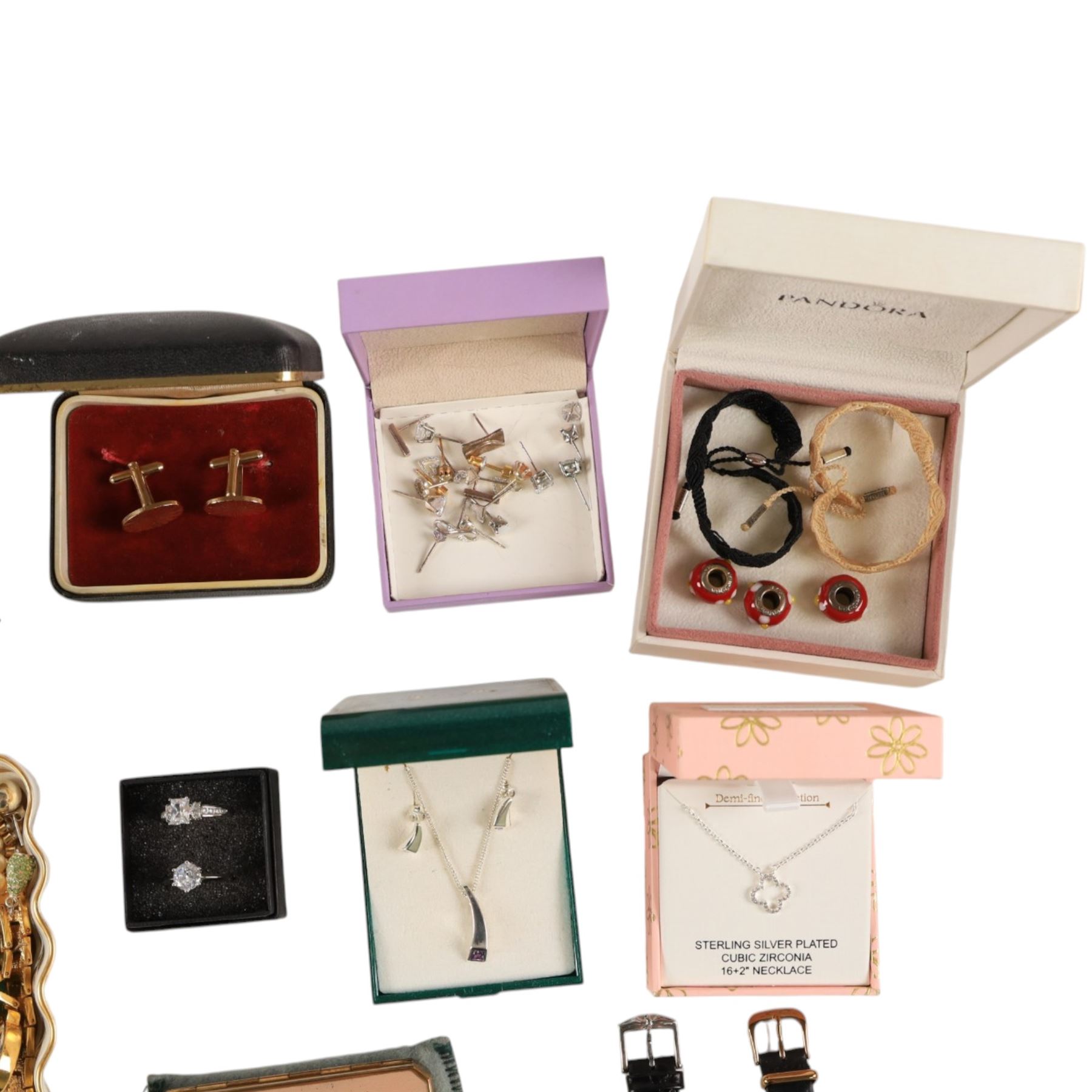 Collection of silver stone set jewellery, including pendant necklace and earrings, together with a collection of costume jewellery rings, earrings, beaded necklaces and two wristwatches