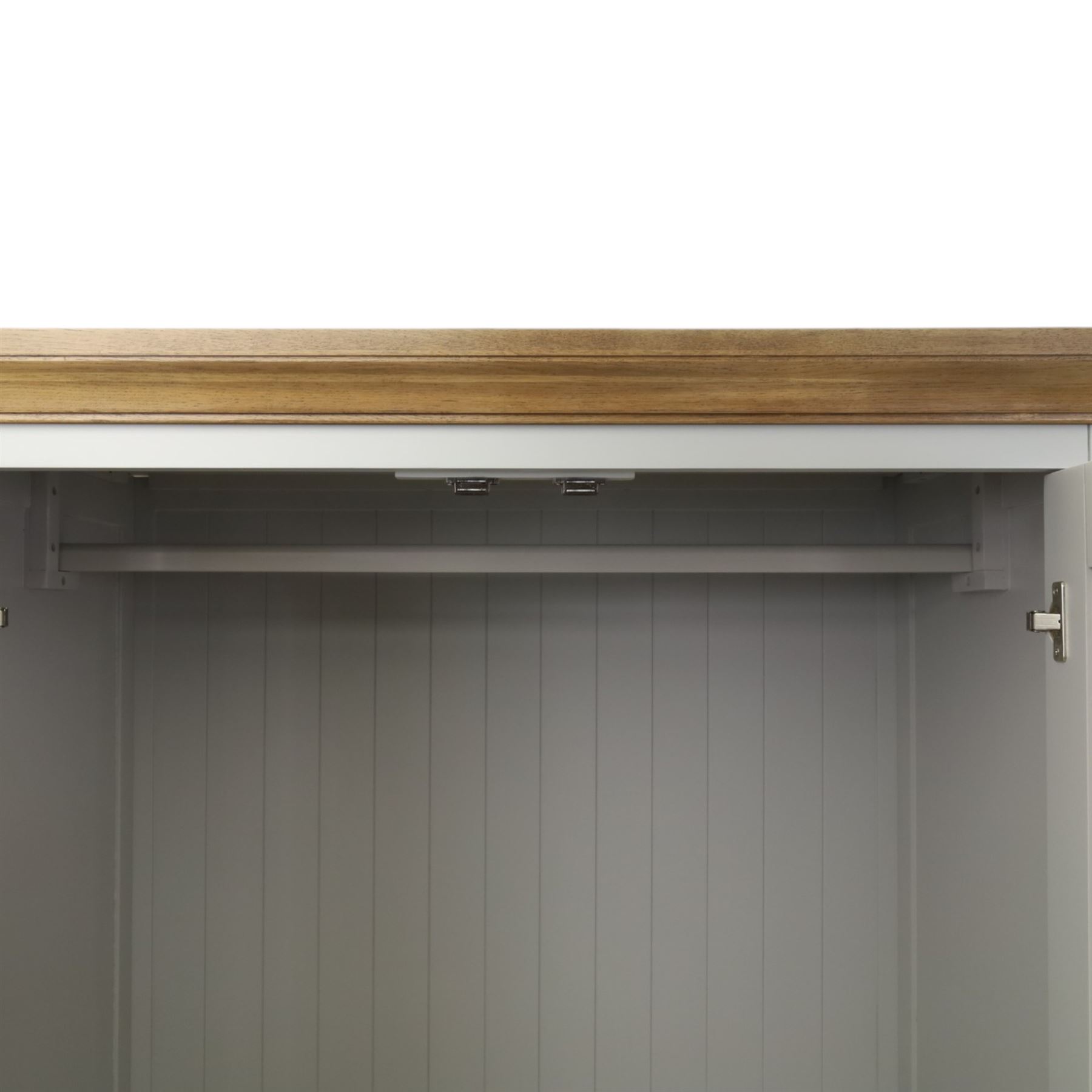 Barker & Stonehouse - Grey painted double wardrobe, with projecting oak cornice, fielded panelled doors, with wooden hanging rail, raised on bracket feet