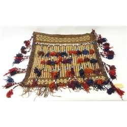  Eastern saddle bag with woven geometric design and beaded tassels, 64cm x 56cm excluding tassels   