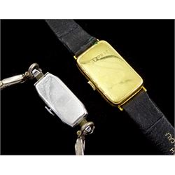 Early 20th century 18ct gold rectangular wristwatch, silvered / white dial with Roman numerals, Edinburgh import mark 1925, on leather strap and an Art Deco 18ct white gold and platinum diamond wristwatch, on expanding silver bracelet