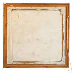 John Gilbey Bowles (British 1929-2011): 'The Challenge' - Fox and Hunter, oil on canvas signed, titled on artist's label verso 95cm x 95cm