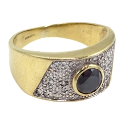 9ct gold round black diamond and pave set white diamond ring, hallmarked