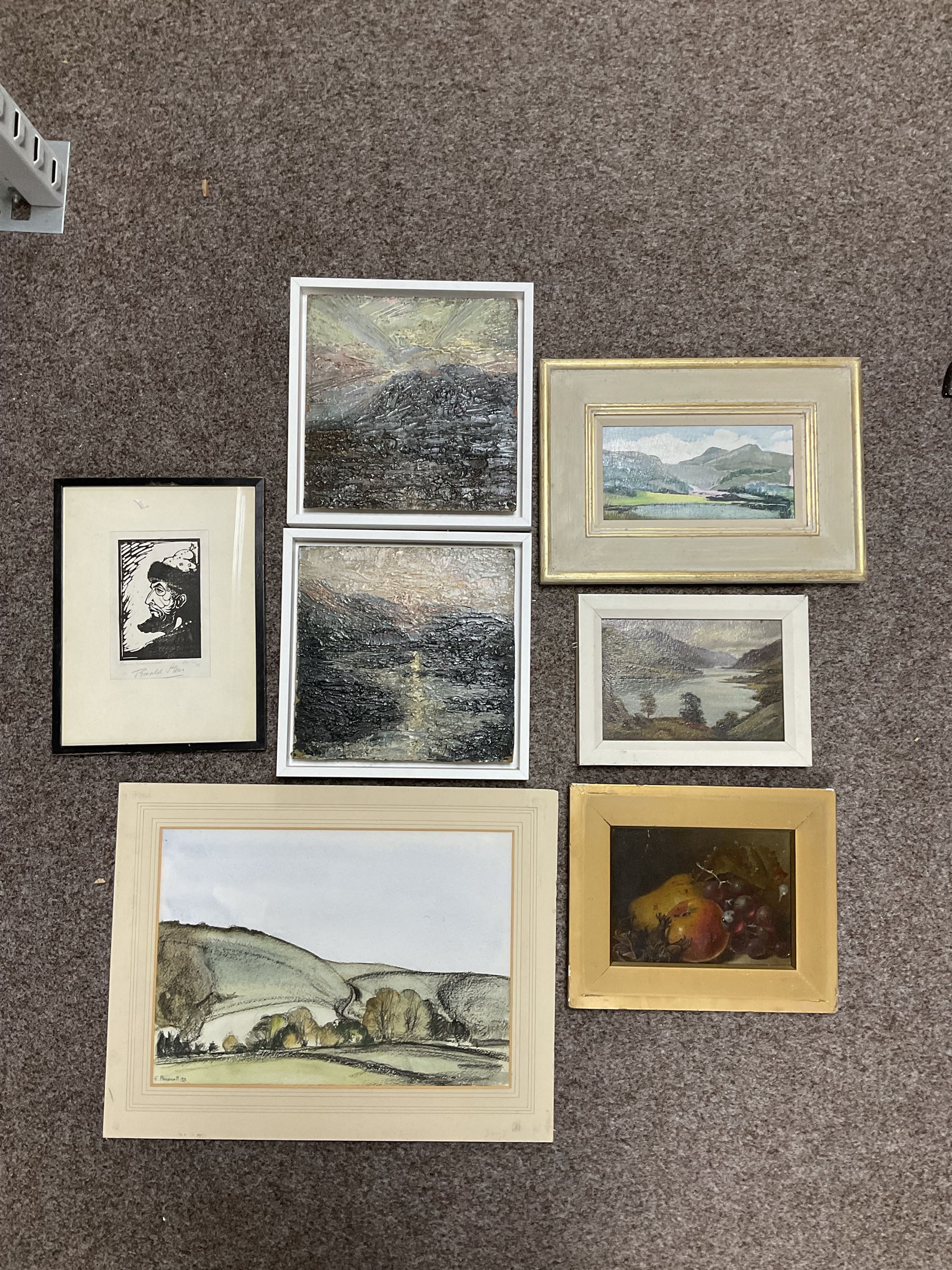 Large collection of pictures and three frames, to include Robert Malcolm Lloyd (British 1859-1907): Awaiting the Tide, watercolour; Continental School (20th century): 'Panciu' - landscape, pair of impasto oils on board and Ronald Stear (British 20th century): 'Boris Godunov', woodcut, variously signed titled and framed max 39cm x 30cm (24)