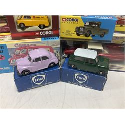 Various makers - twenty-four die-cast models including unopened Norev Lancia in tin; Oxford Broncho Bill's Circus set; five Corgi Classics; Corgi carded Royal mail set; other Corgi models; Atlas Editions Dinky accessory sets; petroleum promotional models etc; all boxed (24)