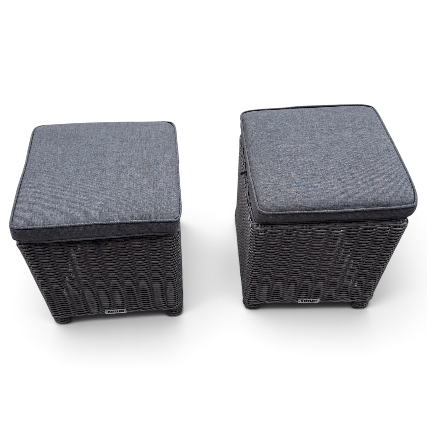 Kettler - Palma rattan garden lounge suite, comprising modular corner sofa (DIM) with slatted and rattan garden table on end supports (DIM), and three stools (DIM), with loose seat cushions
