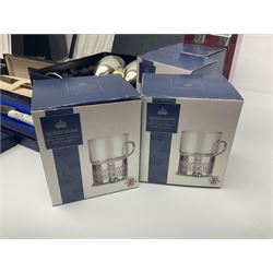 Silver plate including set of six Oneida steak knives with pistol grip handles, in original box, set of six cased cake forks, pair of goblets, etc, together with a pair of Belleek Celtic pattern mugs, 