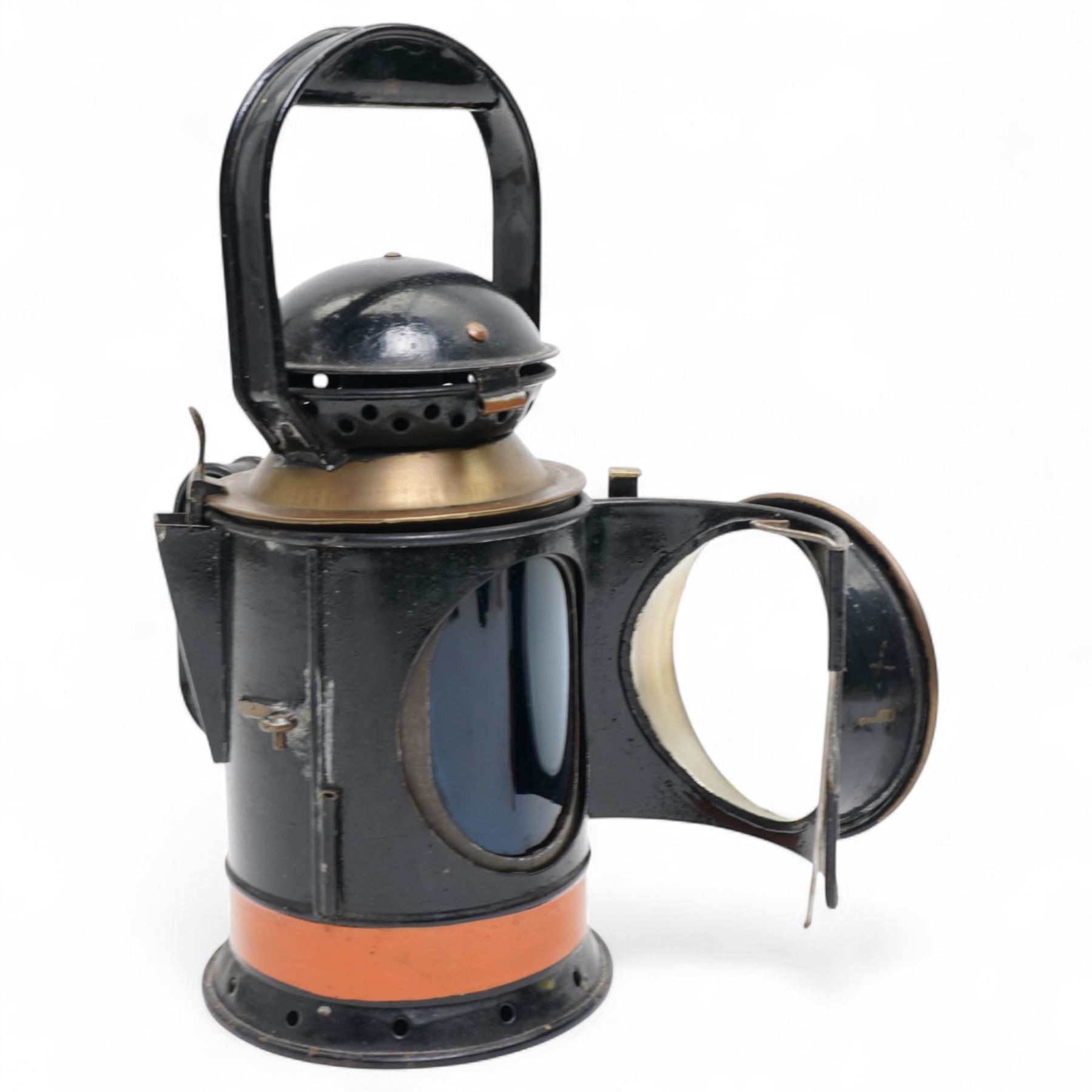 Railwayana - Early 20th century Sherwood Limited fog man's hand lamp with blue red and amber glasses, H31cm; together with an Eccles 'The Protector Lamp & Lighting Co' miners lamp, impressed D113 (2)