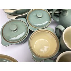 Denby Manor Green pattern part tea and dinner service, to include seven dinner plates, thirteen side plates, ten dessert plates, two oval dishes of various sizes, four cups and saucers, seven bowls with covers, two teapots etc (74)  