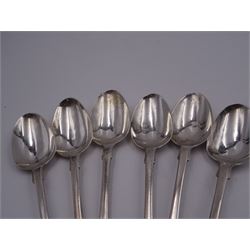 Group of Victorian silver fiddle pattern spoons, comprising pair of sauce ladles and set of six teaspoons, both hallmarked Henry Holland (of Holland, Aldwinckle & Slater), London 1857, set of four table spoons, hallmarked Chawner & Co (George William Adams), London 1857, and set of six dessert spoons, hallmarked Chawner & Co (George William Adams), London 1856, with monogrammed terminals, approximate total silver weight 25.50 ozt (792.6 grams)