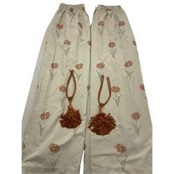 Pair of lined curtains, beige floral fabric, with tie backs - 210cm drop, 265cm wide each curtain overall