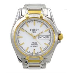 Tissot PR 100 gentleman's stainless steel automatic wristwatch, Ref. 764, white dial with day/date aperture, on original stainless steel strap, with fold-over clasp