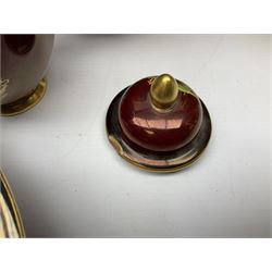 Two Crown Devon Rouge Royale pattern large temple jars with temple dog finial to lid, together with seven other Crown Devon ceramics and two lidded Carlton Ware temple jars in Red Royale, tallest example H47cm (11)