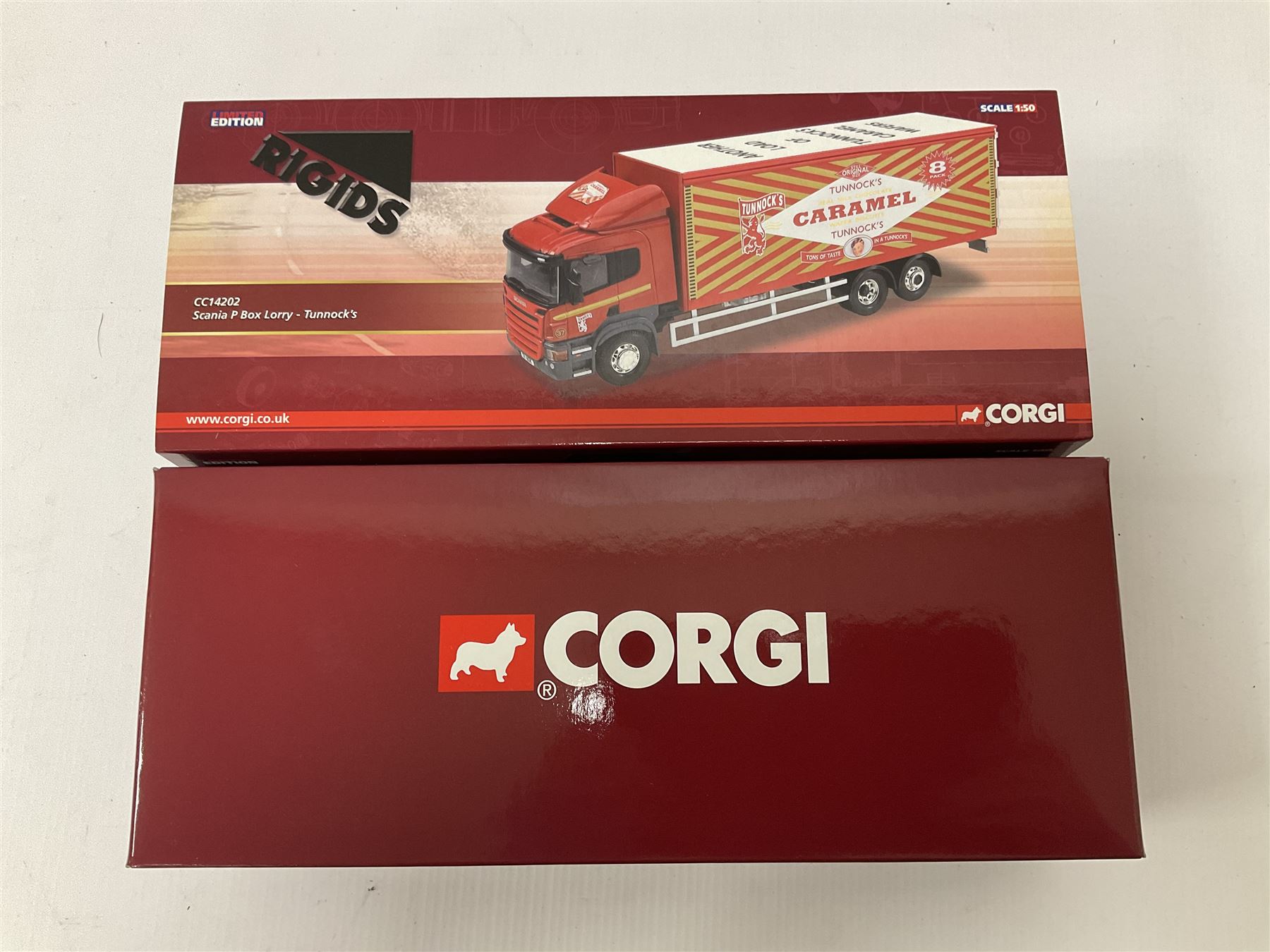 Corgi - four ‘Rigids’ limited edition 1:50 scale die-cast vehicles comprising CC14202 - Scania P Box Lorry Tunnock’s no.1035/1710; CC13515 - Volvo FM Fridge Lorry The Real McKay Ltd; CC13903 - Foden Alpha Curtainside Lorry Stan Robinson Ltd; CC11913 - ERF EC Aggregate Tipper Brian Harris Transport; all boxed (4)