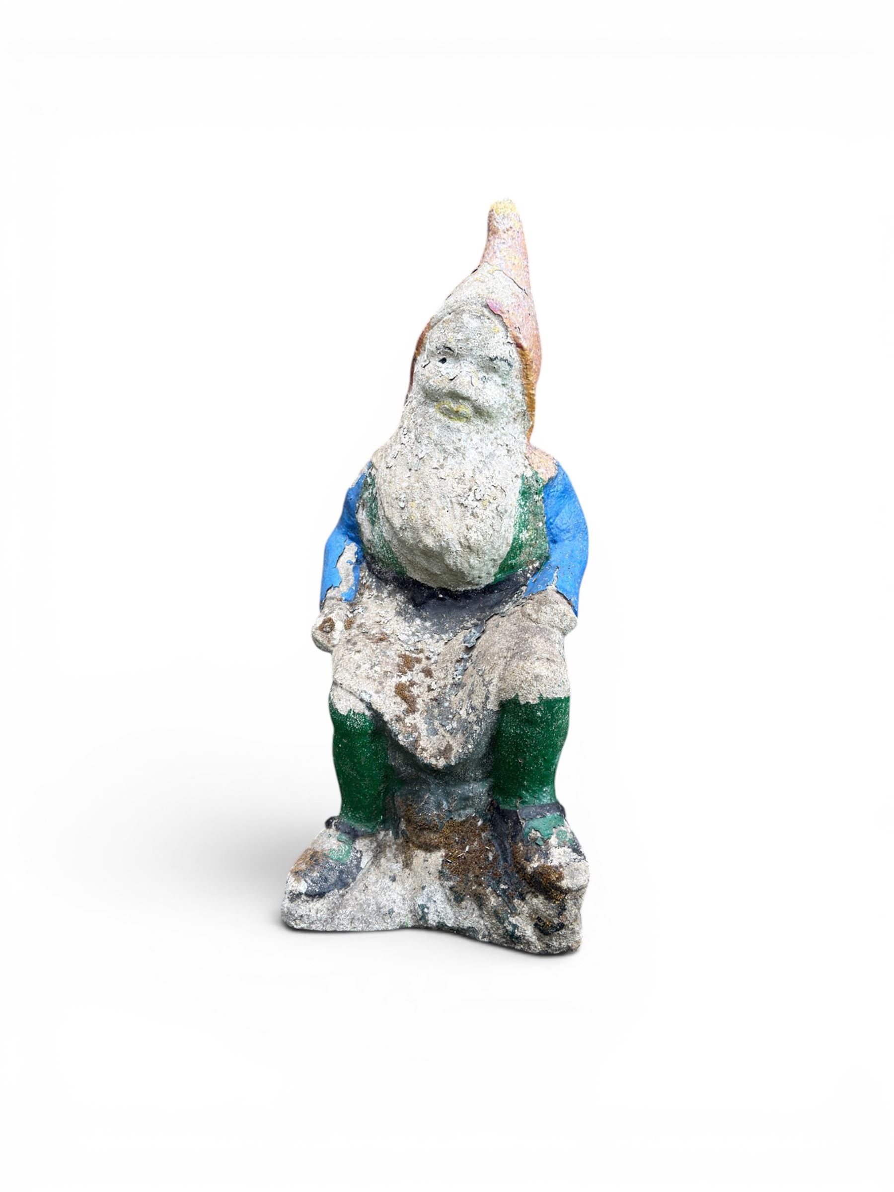 Early large scale composite stone garden gnome, original distressed paint
