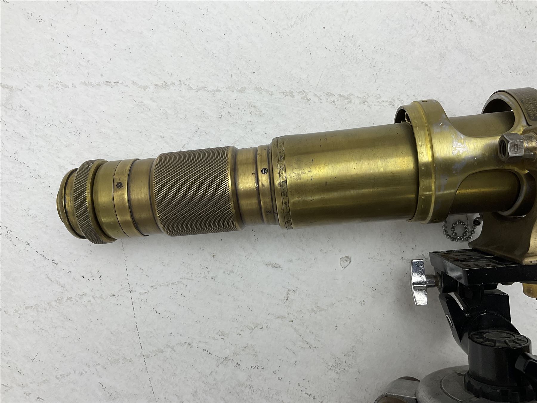 Early 20th century Ross London brass gunsight L67cm now as a telescope with Gaskell & Chambers bracket on hardwood and brass adjustable tripod marked 'Stands Inst No.16 Mk.1'