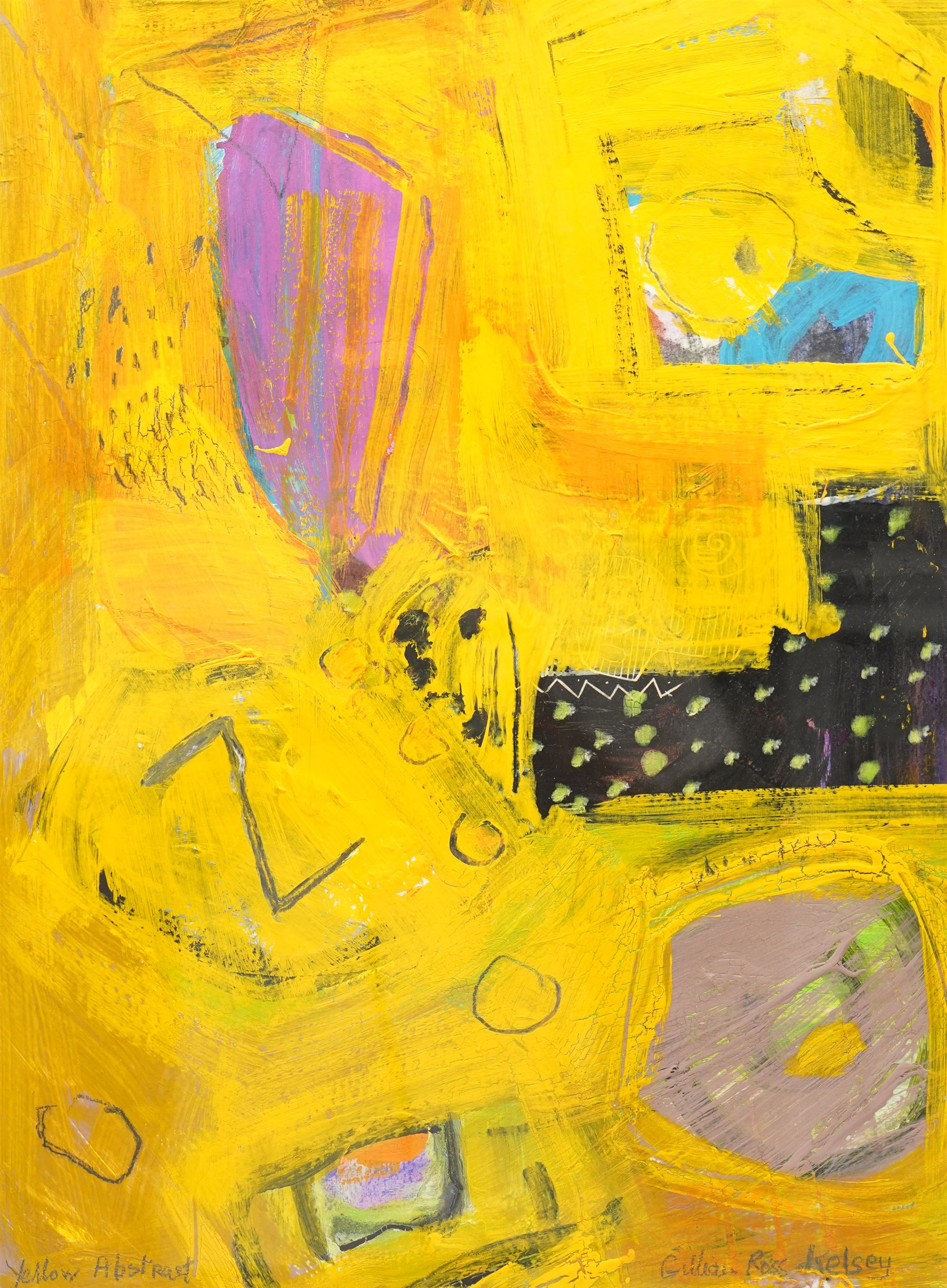 Gillian Ross Kelsey (British 1935-2025): 'Yellow Abstract', mixed media on paper signed and titled in pencil 49cm x 36cm