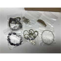 Silver necklace, compact mirror with lipstick holder and a collection of costume jewellery 